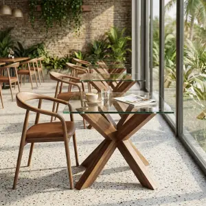 Meja Cafe Kaki Silang Kayu Top Kaca Bening