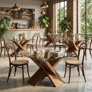 Meja Cafe Kaki Silang Kayu Top Kaca Bening [3]