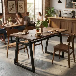Meja Cafe Kaki Trapesium Metal Top Kayu Industrial
