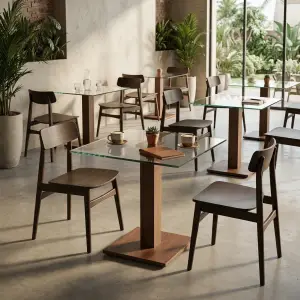 Meja Cafe Kaki Tunggal Top Kaca Rangka Kayu