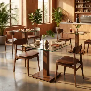 Meja Cafe Kaki Tunggal Top Kaca Rangka Kayu [4]