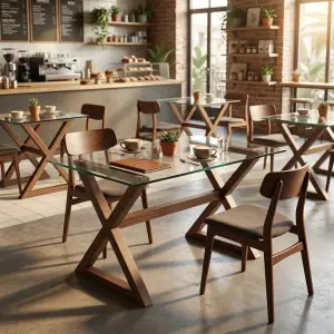 Meja Cafe Kaki X Kayu Top Kaca Transparan