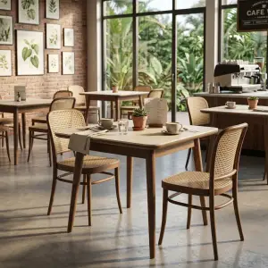Meja Cafe Kayu Skandinavian Top HPL Krem