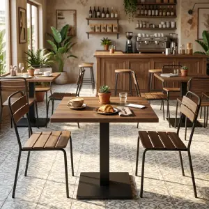 Meja Cafe Kayu Top Kaki Besi Single Pedestal