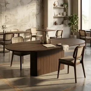 Meja Cafe Oval Top Pedestal Base Kayu Dark Walnut [6]