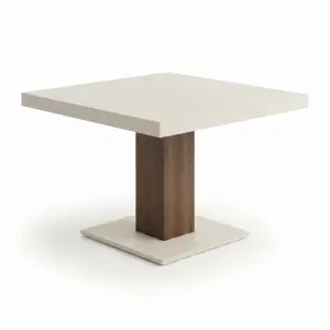 Meja Cafe Pedestal Top Microcement Kaki Kayu Solid