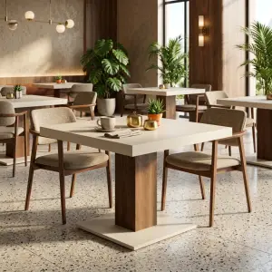 Meja Cafe Pedestal Top Microcement Kaki Kayu Solid [5]