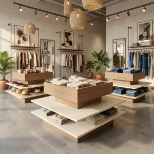 Meja Display Bertingkat Kayu untuk Toko Pakaian dan Butik