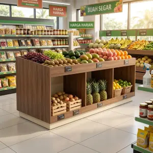 Meja Display Island Buah Sayur Finishing Woodgrain