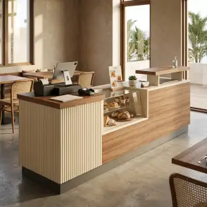 Meja Kasir Cafe Fluted Panel dengan Etalase Display