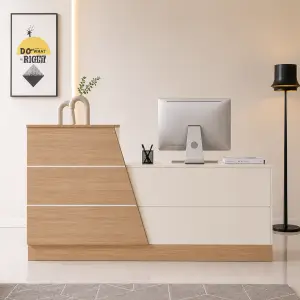 Meja Kasir Dua Tingkat Kombinasi Kayu dan Panel Putih [2]