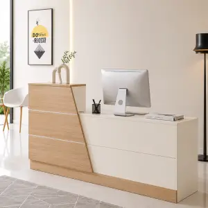 Meja Kasir Dua Tingkat Kombinasi Kayu dan Panel Putih [3]