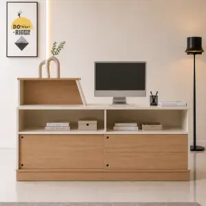 Meja Kasir Dua Tingkat Kombinasi Kayu dan Panel Putih [4]