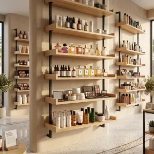 Rak Display Dinding Kayu Besi untuk Toko Kosmetik dan Retail