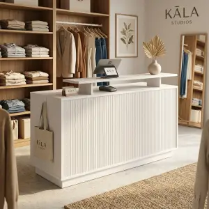 Meja Kasir Fluted Panel Minimalis Dua Level