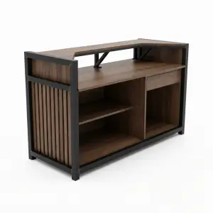 Meja Kasir Industrial Rangka Besi Finishing Walnut