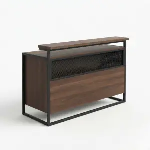 Meja Kasir Industrial Rangka Besi Mesh Panel Kayu