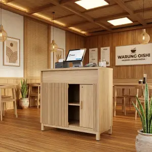 Meja Kasir Kayu Slat Panel Minimalis
