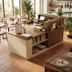 Meja Kasir L-Shape Finishing Walnut & Doff Putih