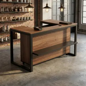 Meja Kasir L-Shape Rangka Besi Finishing Walnut [5]