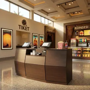 Meja Kasir Melengkung Finishing Woodgrain untuk Lobi Bioskop dan Entertainment [2]