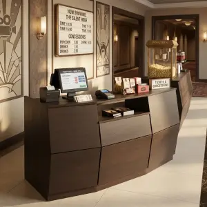 Meja Kasir Melengkung Finishing Woodgrain untuk Lobi Bioskop dan Entertainment [4]