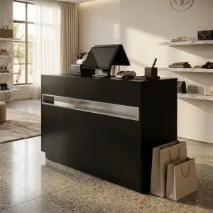 Meja Kasir Minimalis Finishing Matte Hitam dengan Railing Stainless [3]