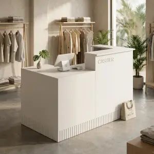Meja Kasir Minimalis Fluted Base L-Shape