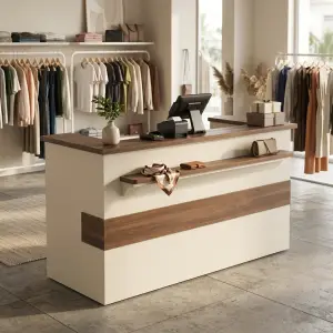 Meja Kasir Minimalis Kombinasi Kayu Walnut dan Panel Putih