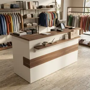 Meja Kasir Minimalis Kombinasi Kayu Walnut dan Panel Putih [2]
