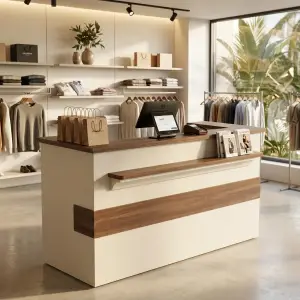 Meja Kasir Minimalis Kombinasi Kayu Walnut dan Panel Putih [4]
