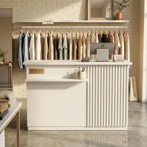 Meja Kasir Minimalis Slat Panel dengan Rak Display