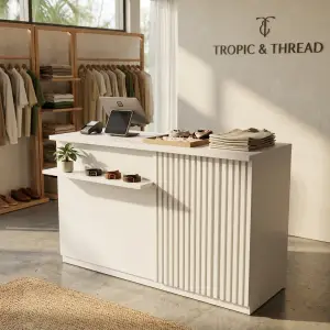 Meja Kasir Minimalis Slat Panel dengan Rak Display [4]