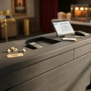 Meja Kasir Minimalis Woodgrain dengan Slot Perangkat Tanam [3]