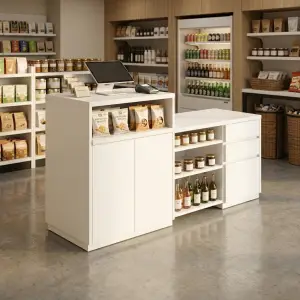 Meja Kasir Minimarket Dua Modul dengan Laci dan Rak Penyimpanan [3]