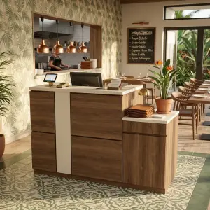 Meja Kasir Restoran Woodgrain Dua Level