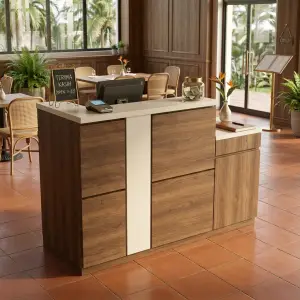 Meja Kasir Restoran Woodgrain Dua Level [2]