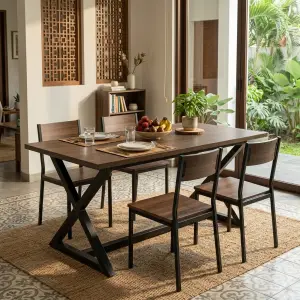 Meja Makan Kaki X Besi Top Kayu Industrial