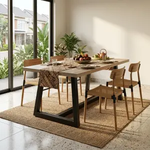 Meja Makan Kayu Kaki Metal Trapesium Industrial