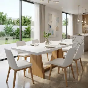 Meja Makan Kayu Scandinavian White Top Trapezoid Base