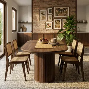 Meja Makan Oval Kayu Solid Kaki Pedestal Fluted