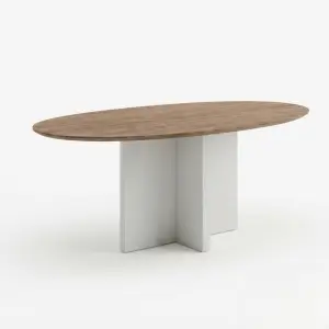 Meja Makan Oval Top Kayu Kaki Silang Putih