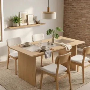 Meja Makan Panel Kayu Insert Kaca Gaya Japandi