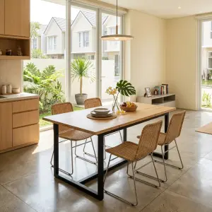 Meja Makan Rangka Besi Hollow Top Kayu Natural