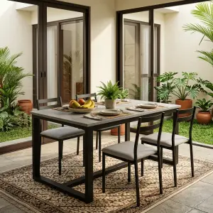 Meja Makan Rangka Besi Kaki U Top Motif Beton