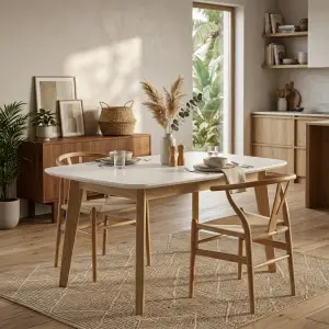 Meja Makan Skandinavian Top Putih Kaki Kayu Oak