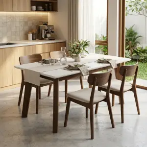 Meja Makan Skandinavian Top Putih Kaki Kayu Solid [4]