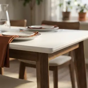 Meja Makan Skandinavian Top Putih Kaki Kayu Solid [5]