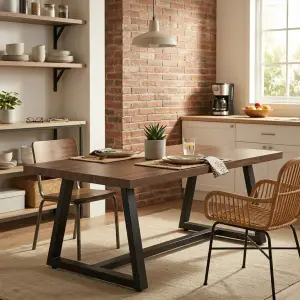 Meja Makan Top Kayu Kaki A-Frame Metal Hitam [4]