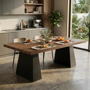 Meja Makan Top Kayu Kaki Trapesium Metal Hitam [3]